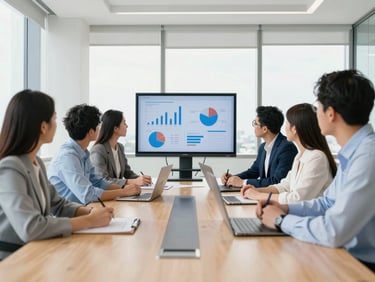 Collaborative business meeting in a sunlit Florida boardroom, professional team discussing charts on a screen, clean modern aesthetic