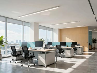 Bright editorial photography of a sunlit modern office interior in Florida, soft blue and amber accents, 35mm, wide angle.