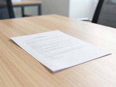 Close-up of signed transaction documents on a clean light oak table, soft morning light, professional corporate setting