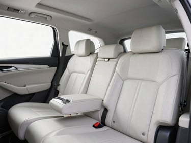 Clean interior cabin showing spacious leather seating and legroom of an executive sedan, bright natural daylight, macro detail of clean upholstery.