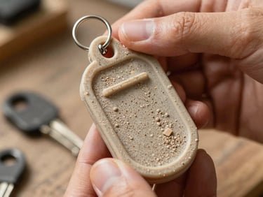 Macro shot of a freshly molded recycled plastic keychain showing raw grain texture, held in hands with a workshop background.