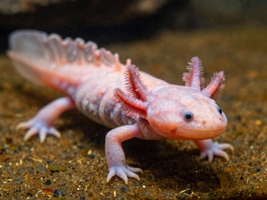 Macro shot of a Mexican axolotl in clean water at Villa Atl, soft pink gills visible, natural aquatic environment, warm lighting