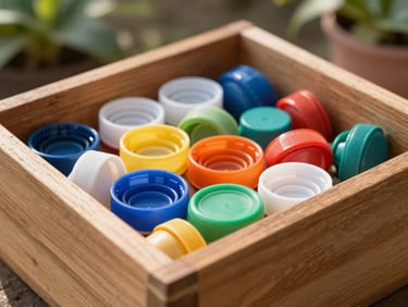 A wooden collection bin filled with colorful plastic caps in an open-air community garden, soft natural light.