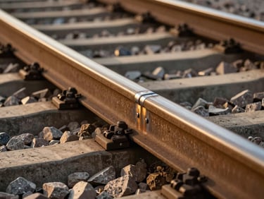 Close-up of welded rail joints on a newly laid industrial track spur, ballast stone texture highly visible under golden hour light