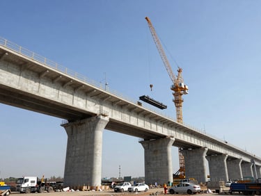 Wide environmental site overview of a massive concrete rail-bridge substructure under construction, heavy cranes hoisting steel girders under harsh midday sun
