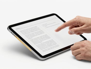 Open e-book on a tablet showing practical exercises, hands interacting with the screen, soft studio lighting, clean white background, deep navy and gold accents, photorealistic, close-up