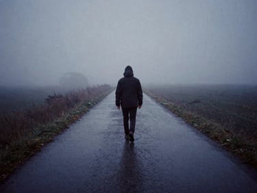 Solitary figure walking on a misty path, soft overcast daylight, reflective landscape, 35mm film grain, atmospheric.