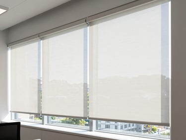 Sleek sunscreen 5% roller blind in a bright office space, natural daylight filtering through the weave, showing view to the outside, 35mm