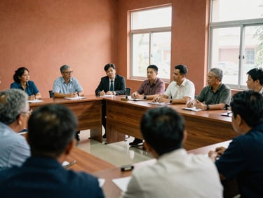 An indoor shot of a local ward committee meeting in C-Scheme, residents speaking to municipal officers, natural window light.