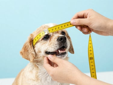 Close-up of human hands gently measuring a happy small dog with a yellow measuring tape, soft natural daylight, vibrant colors, clean studio backdrop