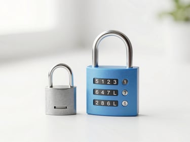 Illustration of a padlock with a strong, complex password next to it, on a clean, minimalist background, soft natural daylight