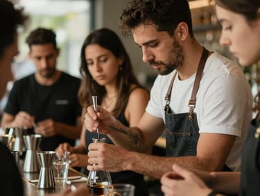 An intimate training session at a modern Brazilian bar. A professional mixologist demonstrating techniques to a focused staff. Soft, sophisticated lighting.