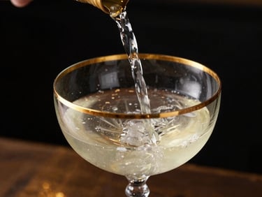 A close-up photograph of an elegant cocktail being poured into a crystal coupe glass, gold-rimmed. Moody luxury setting, soft side-lighting, dark background with golden reflections. Professional South American / Brazilian mixology style.