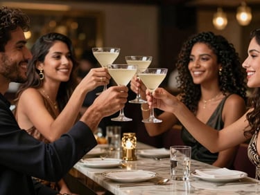 A stylish group of South American / Brazilian friends raising elegant cocktail glasses in toast at a luxury lounge bar.