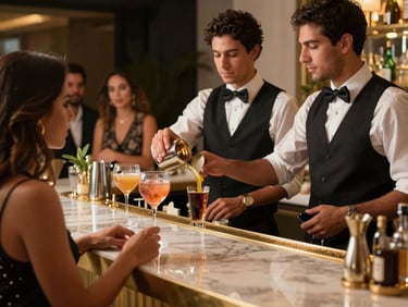 A high-end corporate event in Brazil with bartenders serving cocktails behind a gold-accented bar. Sophisticated South American guests, warm luxury vibes.