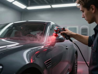 Close-up of a professional technician in a clean uniform spray painting a luxury car panel inside a glowing pressurized paint booth, red paint mist, sharp focus