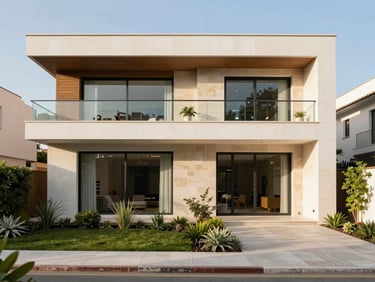 Modern luxury house facade in La Molina, green landscaping, clean architectural lines, bright natural daylight, warm stone finishes