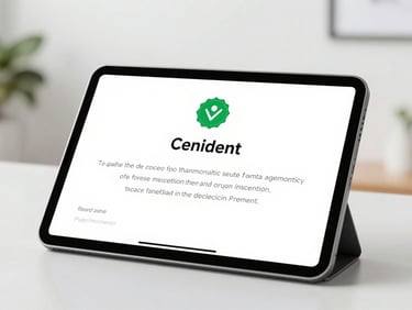 Close-up of a modern digital tablet displaying a secure, official certificate with a green verification badge, clean studio lighting, crisp focus.