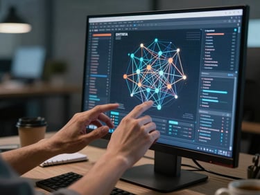 Close-up of hands navigating a large data visualization on a desktop monitor in a dimly lit enterprise office — complex network graph on screen, a coffee mug and notepad visible at the edge of the desk, professional studio-quality ambient light