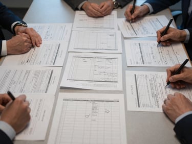 Wide overhead shot of a conference table covered in printed data reports and handwritten annotations, two sets of hands visible at the edges, cool office lighting from above, sharp focus on the documents