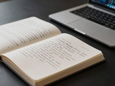 Close-up detail of an open notebook with dense handwritten notes beside a laptop showing abstract data visualization, studio overhead lighting, dark desk surface, clean and precise framing
