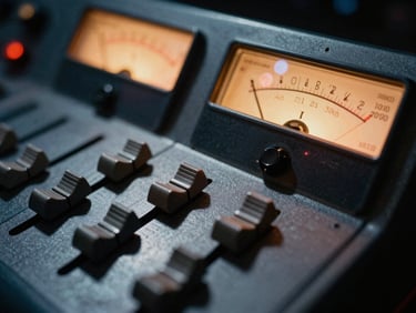Extreme close-up of vintage analog soundboard faders, glowing amber VU meters, gritty texture, motion blur, 35mm film