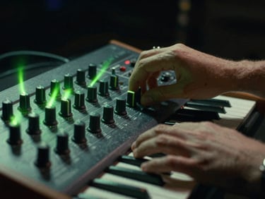 Close-up of hands adjusting knobs on an analog synthesizer rack under acid green neon flares, dark background.