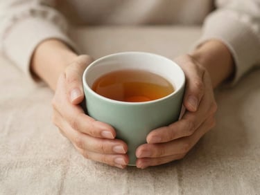 Hands holding a warm cup of tea on a rustic beige fabric, soft focus, warm editorial photography, 35mm