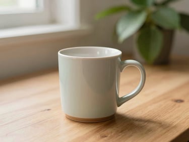 Warm ceramic mug on a wooden desk next to a green plant, soft natural daylight, warm editorial photography, shallow depth of field, 35mm