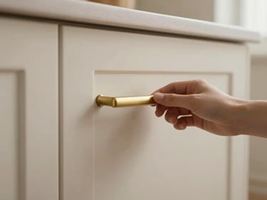 Close-up of a hand opening a cream kitchen cabinet with a minimalist matte brass handle, soft daylight.