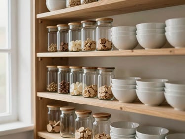 Bright, organized pantry shelves, clear glass jars with wooden lids, neatly stacked white ceramic bowls, soft natural light, warm minimalist aesthetic.