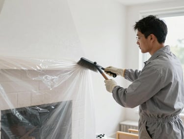 A technician in clean uniform sealing a brick fireplace with protective plastic sheeting before starting a sweep, bright natural daylight, crisp documentary style