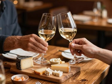 Candid close-up of hands sharing a cheese board and clinking wine glasses over a rustic wooden table, warm ambient restaurant lighting, shallow depth of field
