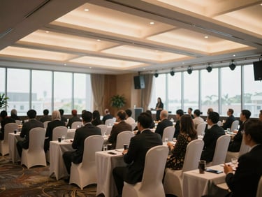 Wide shot of a professional corporate event setup in a modern Malaysian convention center, stage lighting, elegant seating, soft professional lighting, editorial 35mm