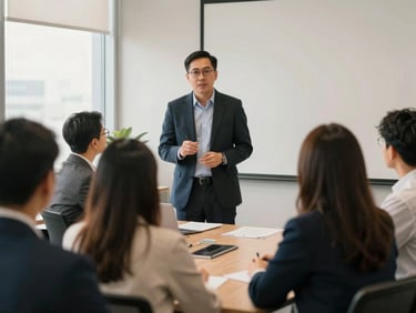 Professional Malaysian business coach leading a corporate training session, diverse participants engaged, modern office, soft window light, editorial 35mm