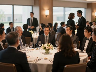 Wide environmental shot of an elegantly decorated corporate gala dinner, round tables with subtle lighting, professionals in formal attire networking, warm ambient light, editorial 35mm.