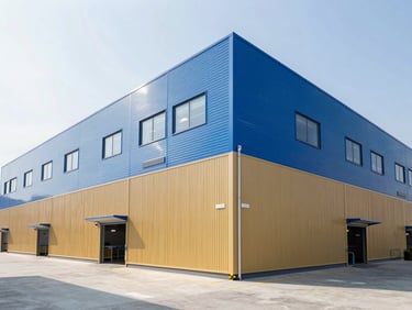 Modern warehousing and logistics hub, clean architectural lines, bright high-key lighting, focused on efficiency, wide aspect ratio.