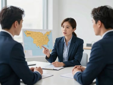 Professional B2B meeting, two executives discussing a regional map, bright natural light, clean corporate blue and warm gold tones, sharp focus, wide aspect ratio.