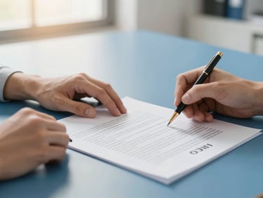 Close-up of a signed contract being reviewed by two hands, bright natural light, clean corporate blue and warm gold tones, sharp focus, wide aspect ratio.