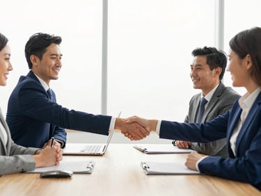 Business professionals shaking hands across a table, symbolizing a closed deal, modern office setting, bright natural light, clean corporate blue and warm gold tones, sharp focus, wide aspect ratio.
