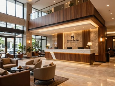 Elegant modern hotel lobby of Swiss-Belinn Singkawang with warm lighting, stylish reception desk, and comfortable lounge seating, professional and prestigious vibe.