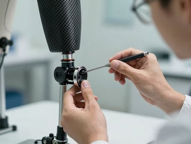 Clean, brightly lit clinical workshop. Close-up of a technician's hands carefully adjusting the alignment of a carbon fiber prosthetic leg joint with a small tool. Soft natural light.