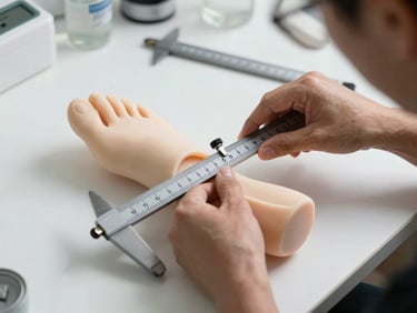 Primer plano de manos técnicas tomando medidas precisas de un molde ortopédico con un calibre profesional, luz natural difusa sobre mesa clínica blanca, enfoque técnico.