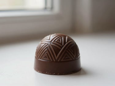 Close-up of a glossy, hand-painted chocolate bonbon with intricate geometric patterns, soft natural light, minimalist background.