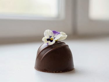 Stylized shot of a seasonal chocolate bonbon with a delicate edible flower garnish, soft natural light, shallow depth of field.