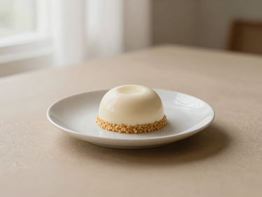 Minimalist plated plant-based dessert, clean composition, soft natural light, warm sand tones.