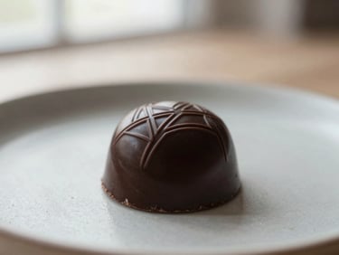 Macro shot of a perfectly tempered, glossy dark chocolate bonbon with a subtle geometric pattern, resting on a minimalist ceramic plate under soft natural light. Shallow depth of field.