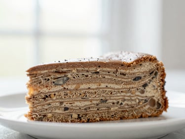 Close-up of a slice of a plant-based, gluten-free cake revealing delicate layers and natural ingredients, plated simply on a white dish. Soft, diffused natural light.