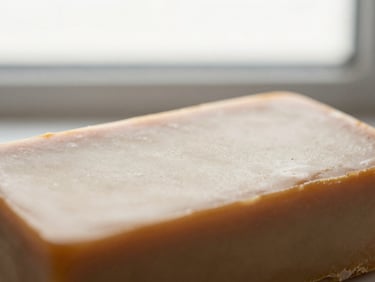 Macro shot of a vanilla and caramel bar, glossy finish, subtle texture, soft natural light, minimalist composition, elegant editorial photography