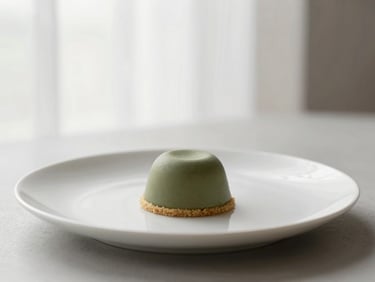 Minimalist plated dessert, clean lines, elegant side profile, soft natural light, muted olive green accents.
